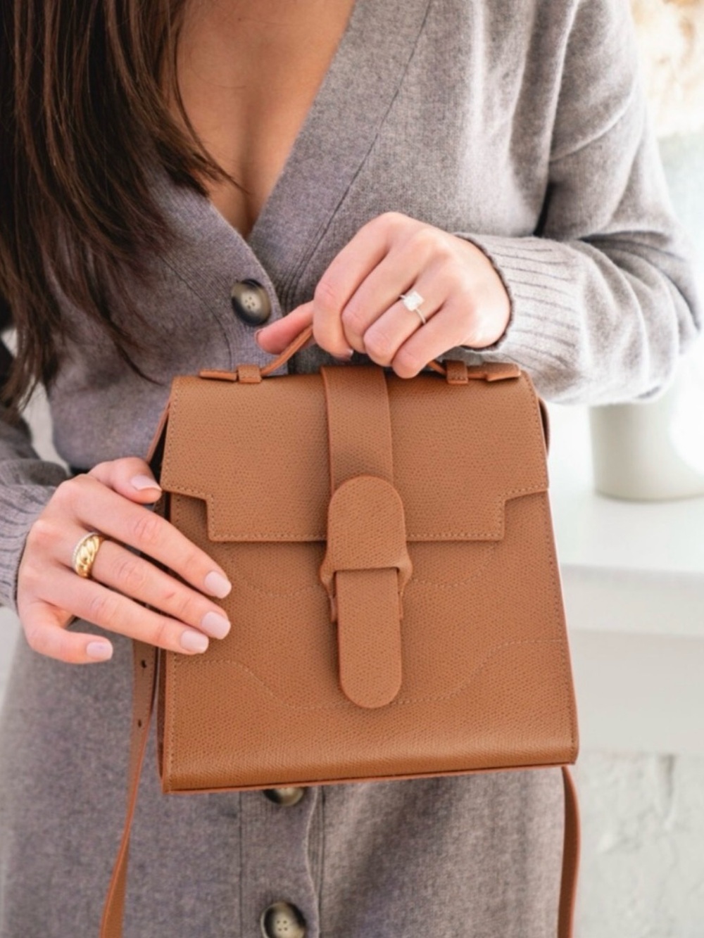 Senreve Mini Alunna Chestnut Brown Italian Leather Convertible Backpack Bag